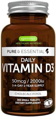 Igennus Daily Vitamin D3 2000iu, 50 mcg, Clean Label, 1-Year Supply | Vegetarian Cholecalciferol Vitamin D Supplement, 365 Small Tablets