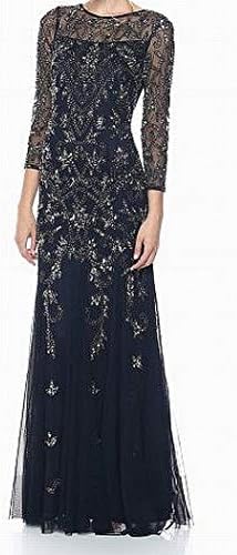 Adrianna Papell Women's Long Sleeve Bead Dress | Floor Length Formal Gown with Intricate Beading & 3/4 Length Sleeves