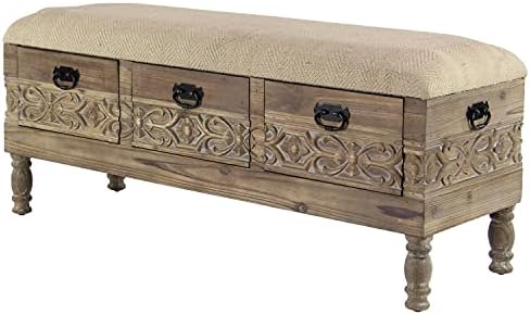 Deco 79 Wood Floral Room Storage Bench Intricately Carved Entryway Bench with Cream Burlap Top, Bench 47" x 16" x 20", Brown