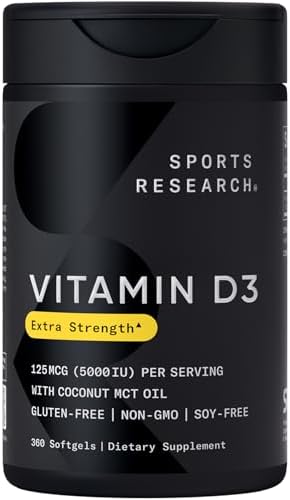 Sports Research® Vitamin D3 5000iu/125mcg with Coconut Oil, 360 Softgels | Extra Strength Vitamin D Supplement | Immune, Bone, Mood Support | Non-GMO, Soy Free - 360 Servings