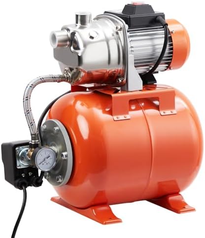 1HP Stainless Steel Water Transfer Pump with Well Pressure Tank – Shallow Well Pump & Irrigation Pump Combo, 130ft Max Lift, 20ft Suction Lift, Automatic Pressure Switch for Farm Use