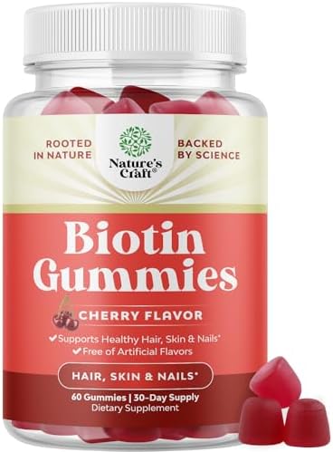 Natural Biotin Gummies for Hair Growth - Vitamins Skin and Nails Women Men with Pantothenic Acid - 60 Count