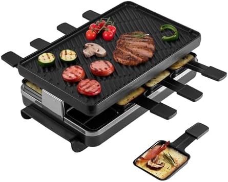 Swissmar Classic 8-Person Raclette Party Grill - Indoor Electric Grill & Griller with Reversible Cast Iron Grill Plate/Crepe Top - Anthracite Black
