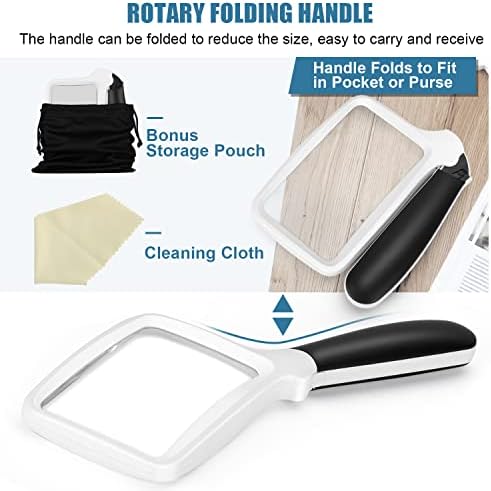 Folding Handheld Magnifying Glass with Light, 5X Large Rectangle Reading Magnifier with Dimmable LED for Seniors with Macular Degeneration, Newspaper