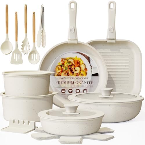 Astercook 21 Pcs Pots and Pans Set Non Stick, Ceramic Cookware Set Detachable Handle, RV Kitchen Cooking Set Removable Handles, Oven Safe, Induction Ready, Stackable, Cream, Fathers Day Gift for Men