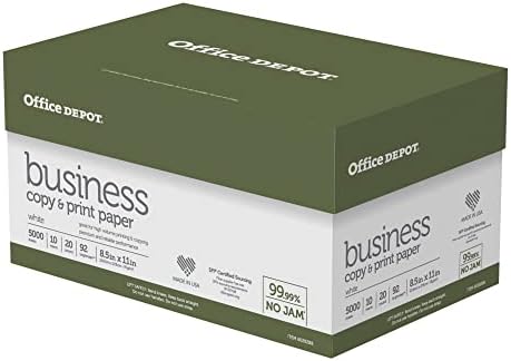 Office Depot Business Multi-Use Printer & Copy Paper, 10 Reams, White, Letter (8.5" x 11"), 5000 Sheets Per Case, 20 Lb, 92 Brightness, 1 Case