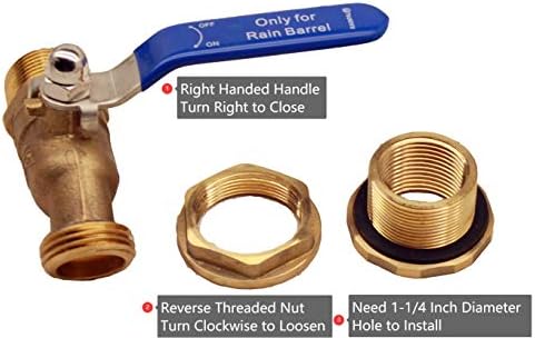 RBS024 Brass Rain Barrel Spigot (LF Compliant 3/4" Quarter Turn Ball Valve w/Bulkhead Fitting and Thread Tape, 7 GPM)