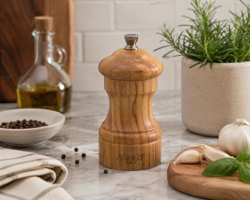 Bisetti Imperia 4 Inch Olive Wood Salt Mill With Adjustable Ceramic Grinder, Made in Italy