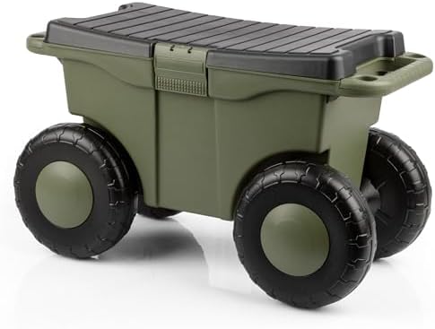 Rolling Garden Cart with Seat - Plastic Storage with Bench and Interior Tool Tray - Gardening Stool for Weeding and Planting By Pure Garden (Green) | Plastic Storage with Bench and Interior Tool Tray - Gardening Stool for Weeding and Planting
