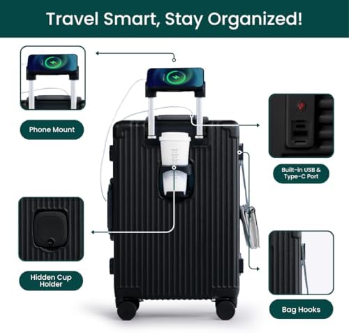Nobl Travel Carry on Luggage, Zipperless Aluminum Frame, TSA Locks | PC Hard Shell Suitcase, Airline Approved, 360° Spinner Wheels, USB Charging Port, Cup & Phone Holder, 22.5x15x9.5, Ivory