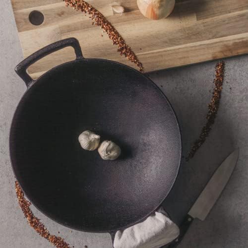 14 inch Cast Iron Wok with Flat Base and Handles