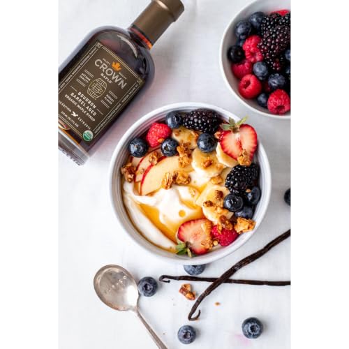 Crown Maple Organic Bourbon Barrel Aged Maple Syrup, Pancakes, Flavor Cocktails, Marinades and Sauces, 12.7 Fl Oz