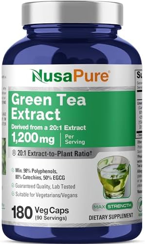 NusaPure Green Tea, 1200 mg, Non GMO, Vegan, 180 Veggie Caps - 90 Servings | Camellia Sinensis 20:1 Extract, Supports Nutritional Supplementation