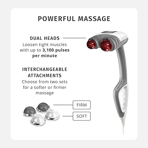 Homedics Back Massager Heated Automatic Percussion Body Massager | with Dual Pivoting Heads, for Back, Body and Neck Massage, Interchangeable Nodes