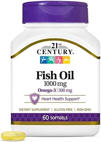 21st Century Fish Oil 1000mg Omega-3 Softgels, Mercury-Filtered, 120ct | Omega-3 Fish Oil with 300 mg EPA & DHA, Heart & Cardiovascular Health Support, Gluten Free, Non-GMO