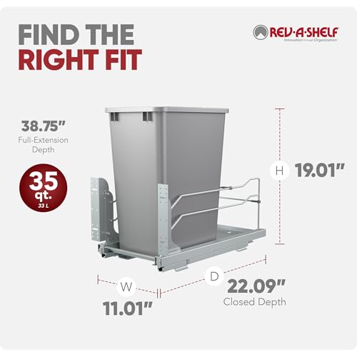 Rev-A-Shelf 35 Qt Pull Out Trash Can with Soft Close for Under Kitchen Cabinets, Min Opening Width of 11.5", Metallic Silver, 53WC-1535SCDM-117