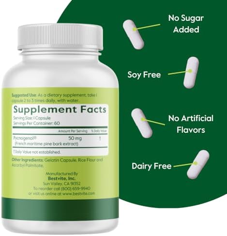 BESTVITE Pycnogenol 100mg (60 Caps) - French Maritime Pine Bark Extract | No Stearates - Gluten Free - Non GMO - Scientifically Studied - Healthy Aging Supplement* - Easy to Swallow Caps