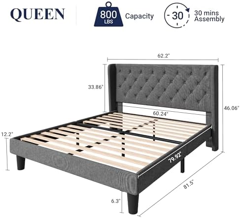 Allewie Queen Bed Frame with Button Tufted Wingback Headboard, Dark Grey | Modern Upholstered Platform Bed Frame, Strong Wood Slat Support