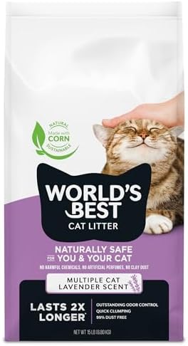 World's Best Cat Litter, Lavender Scented, Long-Lasting Odor Control, 15 lb | Controls multi-cat odors with a calming lavender scent; natural corn litter, quick clumping, flushable, 99% dust free formula