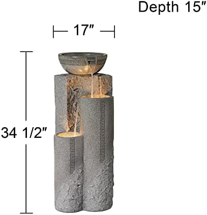 Outdoor Large Bowl and Pillar 34 1/2" High Modern Fountain with LED Lights | Zen Decor Faux Stone Floor Standing Waterfall Tiered Water Feature for