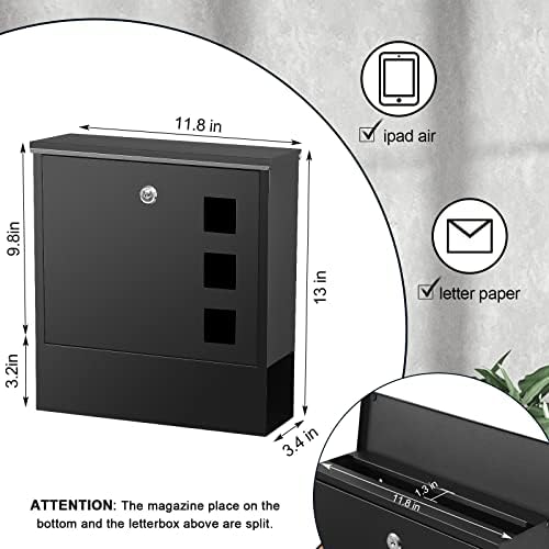 KYODOLED Mailbox for Outside, Wall Mount Locking Mailbox, Security Drop Box with Key Lock for Letters, Cash, Cards, Steel Mail Box for House Office School, 12.4H x 8.54L x 3.35W Inches, Black