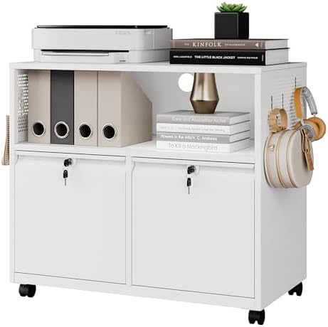 Mobile 3 Drawer File Cabinet with Lock-Metal Lateral Rolling Printer Stand Filing Cabinets for Home Office-Storage A4/F4/Letter (White)