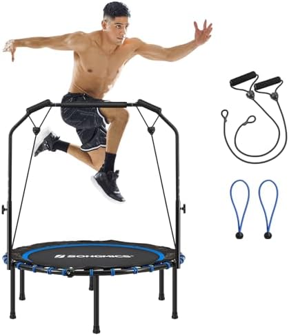 SONGMICS 40 Inches Mini Fitness Trampoline, Fitness Rebounder with Adjustable Handrail, Foldable Trampoline for At-Home Workout, Max. Load 264.6 lb