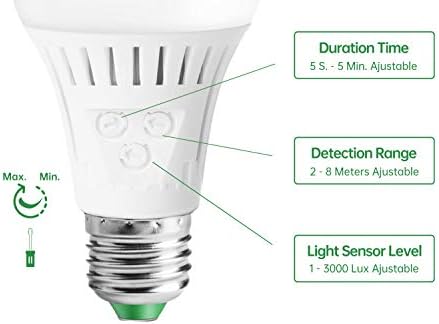 Motion Sensor Light Bulb with Dusk to Dawn Lights Sensor, E26 Base, 7W LED(60W Equivalent), Warm White(3000K), Motion Sensitivity, Time and Twilight Setting Adjustable