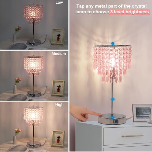 Touch Control Crystal Table Lamp with USB C+A Charging Ports, 3-Way Dimmable Bedside Touch Lamp Decorative Nightstand Lamp with Elegant Lampshade for Living Room Bedroom, B11 LED Bulb Included