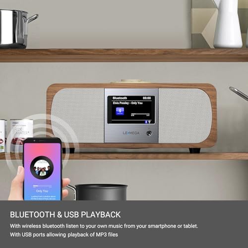 LEMEGA M3+ Internet Radio, Podcasts,Spotify, Bluetooth, FM Stereo, Walnut | Full colour display, 40 presets, remote control, acoustic wooden cabinet, headphone jack, USB, AUX-in, dual alarms clock