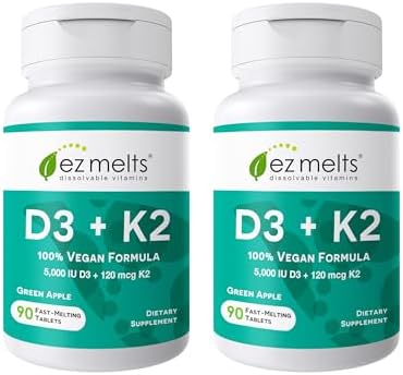 EZ Melts Dissolvable Vitamin D3 5,000 IU - Vegan Vitamin D Supplement for Bone & Teeth Support - No Artificial Flavors - Plant-Based & Non-GMO - Green Apple - 90 Dissolvable Tablets (90 Servings)