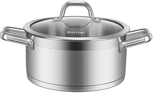 Duxtop Professional Stainless Steel Stock Pot with Glass Lid, Induction Cooking Pot, Impact-bonded Base Technology, 4.2 Quarts | Stockpot with Stay-Cool Handle, Impact-Bonded Base for Even Heating