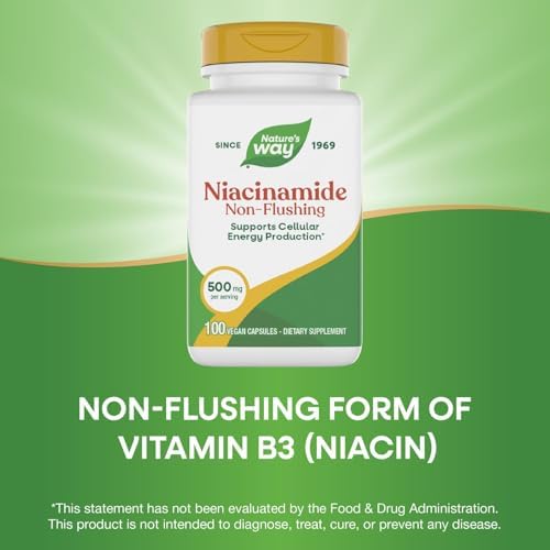 Nature's Way Niacinamide - Niacinamide Capsules with Non-Flushing Vitamin B3 - Supports Cellular Energy* - 500mg per Serving - Gluten-Free & Vegan - 100 Count (100 Servings)