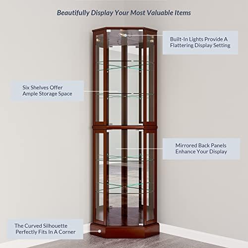 BELLEZE Lighted Corner Display Curio Cabinet Wooden Curved Shelving Unit with Tempered Glass Door
