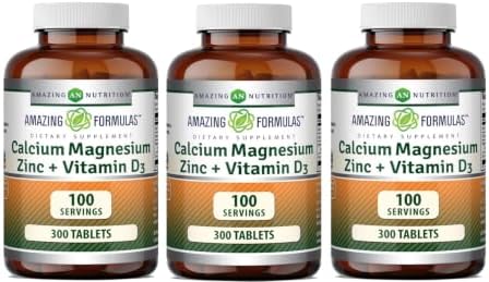 Amazing Formulas Calcium Magnesium Zinc D3-300 Tablets Per Bottle Supplement (Calcium 1000mg - Magnesium 400mg - Zinc 25mg Plus Vitamin D3 600 IU - Per Serving of 3 Tablets)