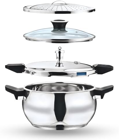 Vinod Magic Stainless Steel Smart 3 in 1 Pressure Cooker 5.5 Litre | 5mm Thick Base | All in One Cooker with Strainer & Glass Lid | Induction and
