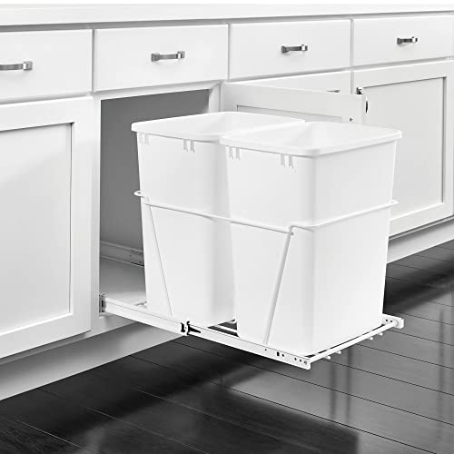 Rev-A-Shelf Double 35 Qt Pullout Trash Can for Base Kitchen Cabinets, Garbage Waste Bin System with Full-Extension Slides, Min Opening Width of 14.75" White, RV-18PB-2 S