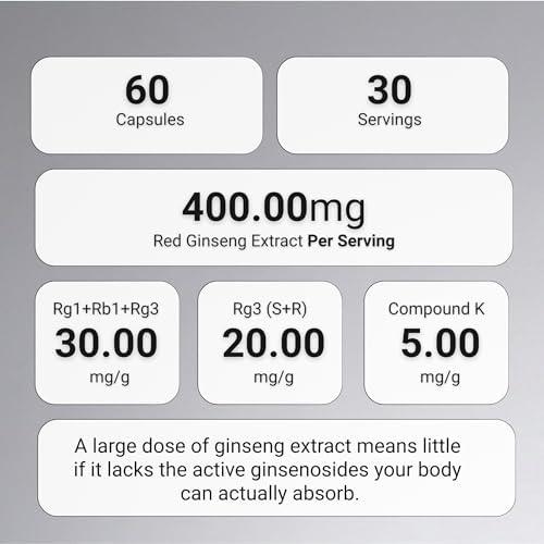 Gin Hongsam Saponin Capsule Plus Korean Red Panax Ginseng Extract - High Rg3 & Compound K Supplement - Caffeine Free Extra Strength Energy