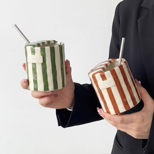 2 Pack Ceramic Coffee Mug with Sip Hole Espresso Cup 10oz with Straws Retro Hand Painted Striped Ceramic Iced Coffee Tea Travel Mug Latte Cup for