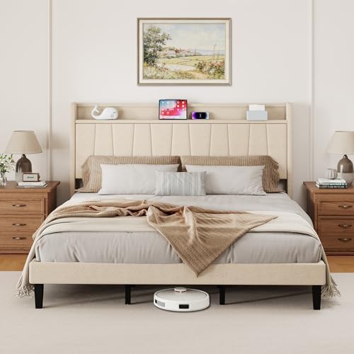 King Size Bed Frame with Headboard, Platform Bed with Upholstered Wingback Storage Headboard, Slats Support, No Box Spring Needed Beige