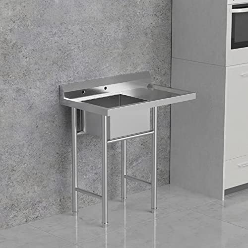 Bonnlo 304 Stainless Steel Utility Sink with Drainboard, One Compartment Workbench Sink Commercial Sink for Restaurant, Laundry Room, Backyard