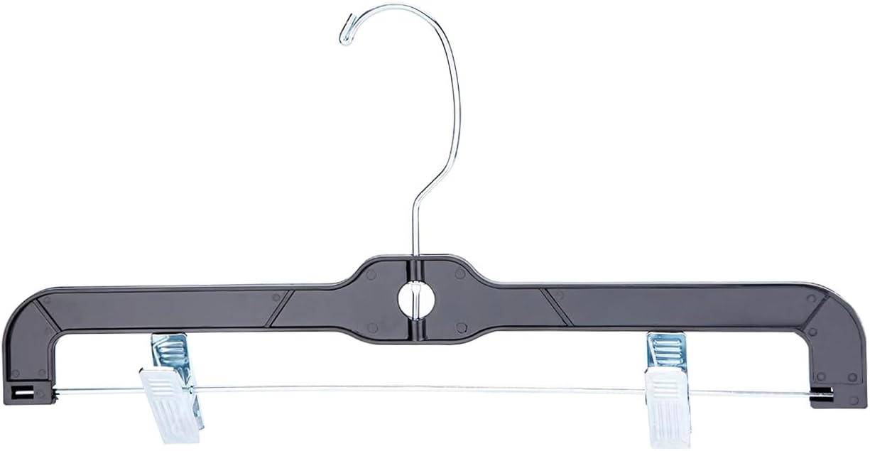 14-Inch Black Plastic Skirt and Pants Hangers - Pack of 20 with Chrome Swivel Hook, Padded Clips - Perfect for Retail and Home Use