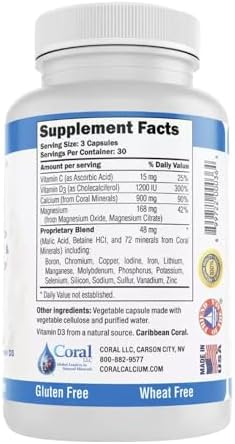 Coral Complex 3 Calcium Supplement Vitamin D3 & Magnesium – 900 mg Bioavailable Coral Calcium for Bone Strength, Joint Support & pH Balance – Trace Minerals, Non-GMO, 300 Veg Capsules
