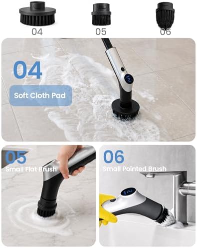 Electric Spin Scrubber IPX7 Waterproof Shower Scrubber with 7 Brush Heads | 2.5N·m Torque Power Scrubber for Bathroom Grout Tile Bathtub Cleaning