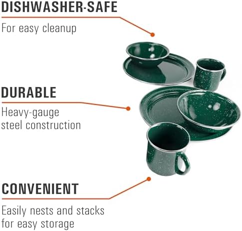 GSI Outdoors Pioneer Enamel 12 Pieces (4-Person) Dish Set I Enamelware Dishes Including Plates, Bowls and Mugs for Camping, Outdoors, RV, Camp, Blue