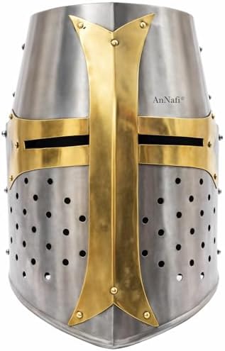 AnNafi® Brass Crusader Helmet | Medieval Metal Knight Helmets | PREMIUM QUALITY with Fitted LEATHER LINER | Dark Crusades Helmet Wearable for Adult