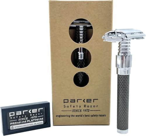 Parker 92R Graphite Gray Butterfly Double Edge Safety Razor, Long Handle | Twist-To-Open Loading And Substantial Weight Provide Secure Control