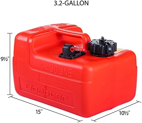 Scepter 3.2 Gallon Portable Marine Gas Can, Boat Fuel Tank with Top Handle | Underseat Design, 2-Way Vented Cap, Built-In Fuel Gauge and Pick-Up, EPA & CARB Compliant, 14"L x 10.5"W x 9"H (08576)