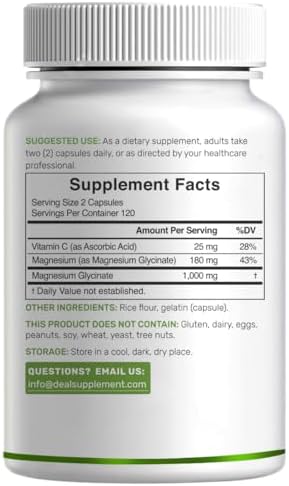 Magnesium Glycinate 500mg Per Capsule (1000mg Per Serving) Plus Vitamin C