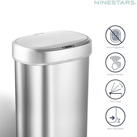 Ninestars 13 Gallon Oval Automatic Trash Can, 50L Touchless Motion Sensor Kitchen Garbage Can with Odor-Sealing Lid, Silver Stainless Steel